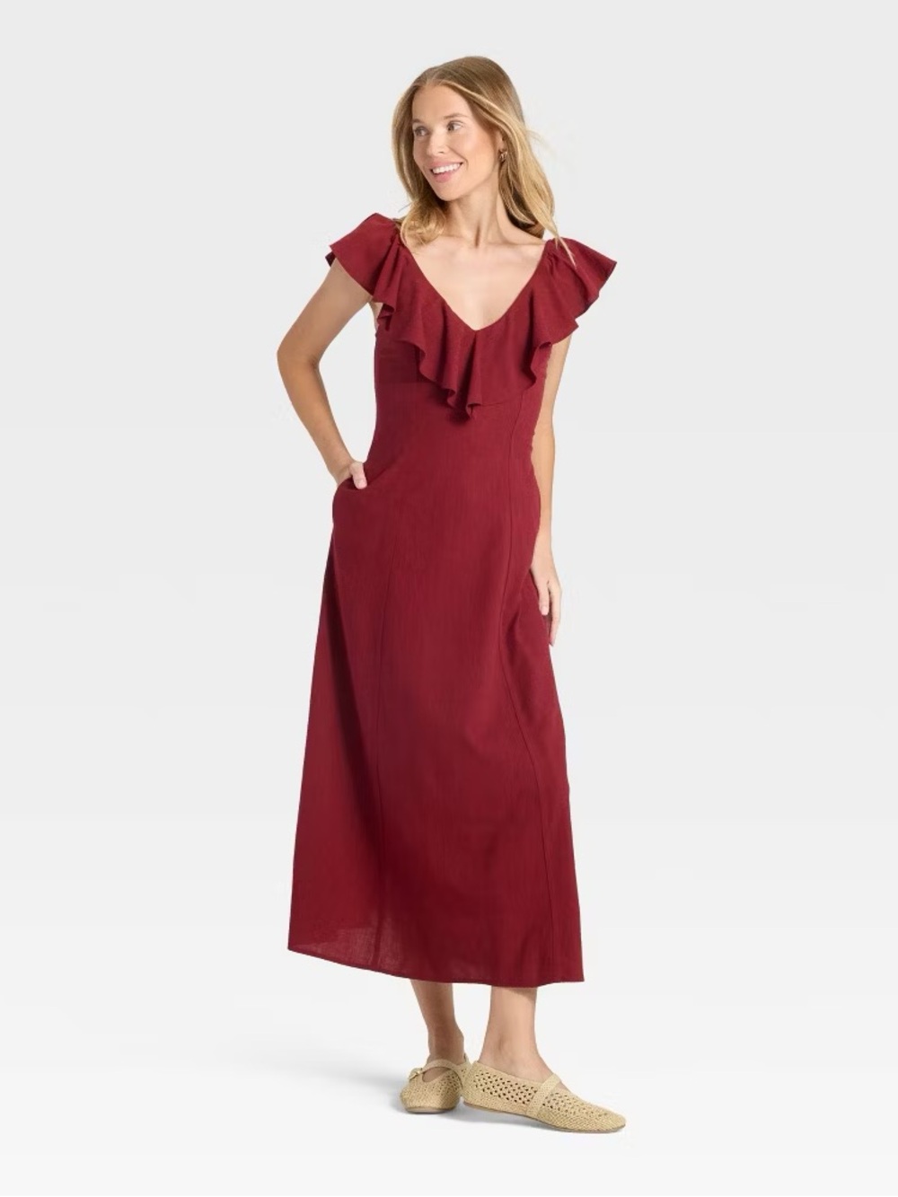 Universal Thread Red Ruffle V-Neck Midi Dress